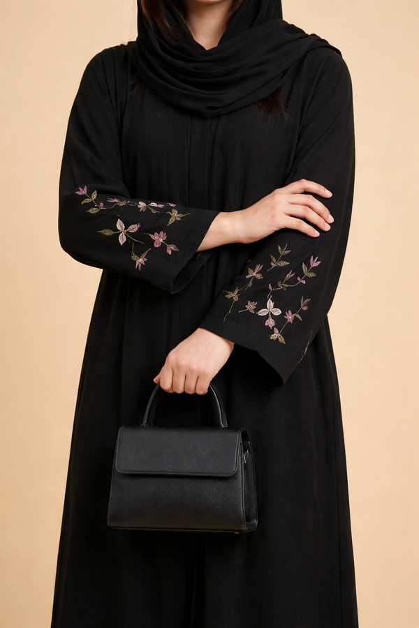 Black Botanical Floral Cuff Embroidered Open Abaya  Close View