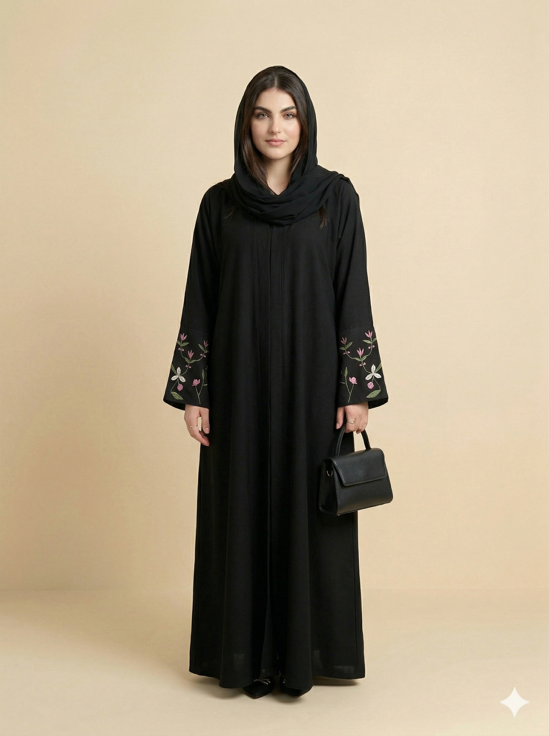 Black Botanical Floral Cuff Embroidered Open Abaya  Front View