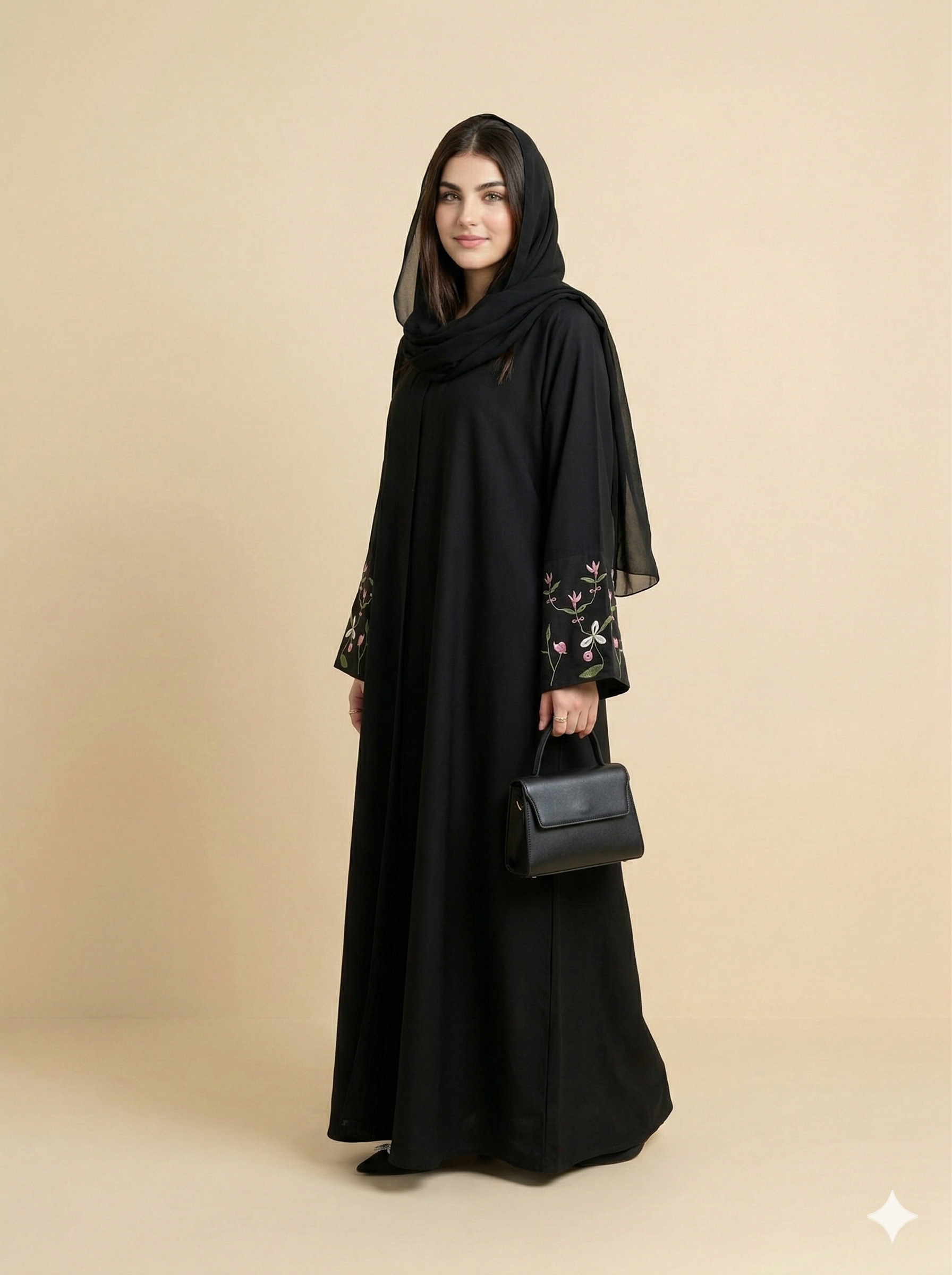 Black Botanical Floral Cuff Embroidered Open Abaya  Side View