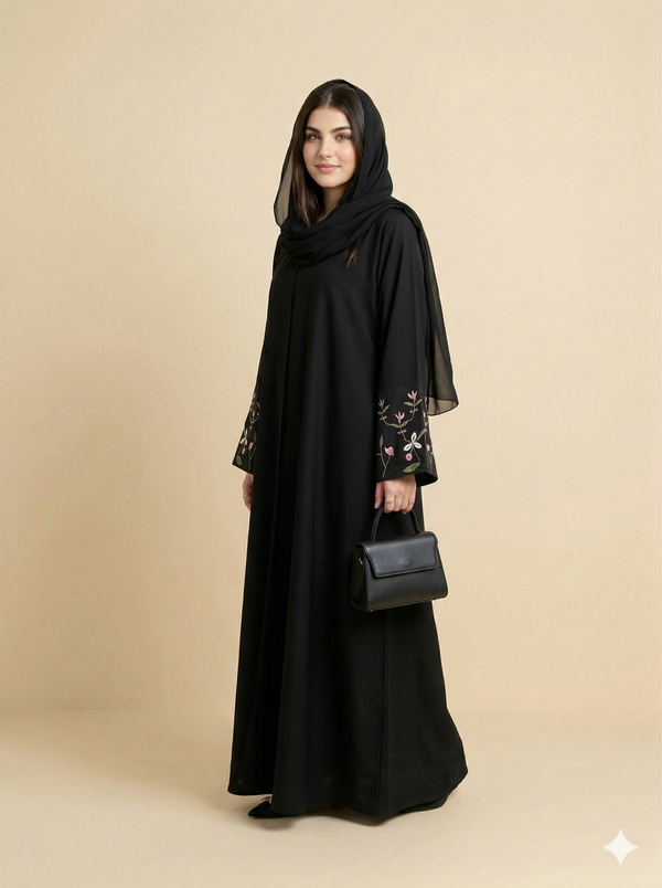 Black Botanical Floral Cuff Embroidered Open Abaya  Side View