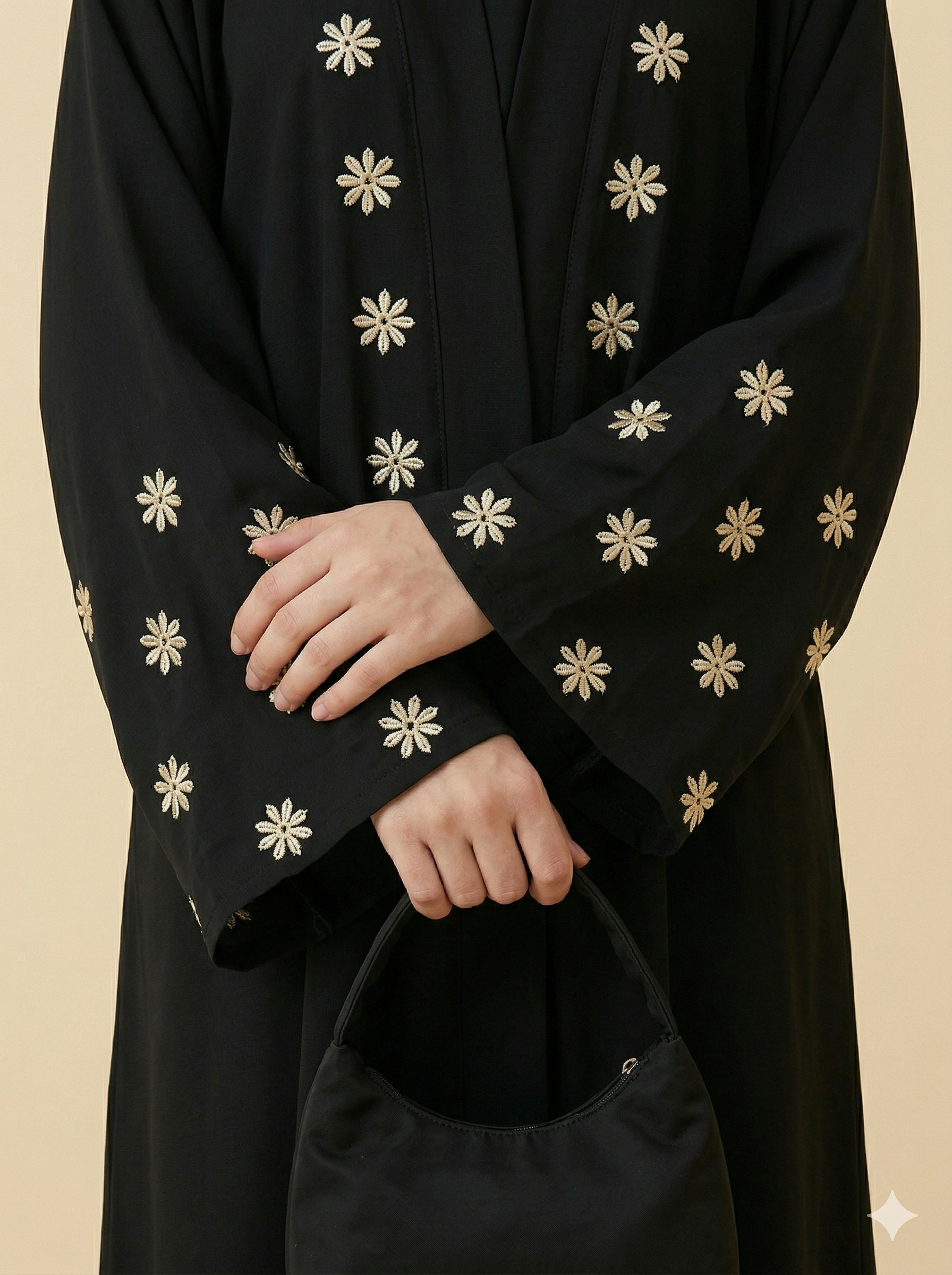 Black Daisy Embroidered Open Abaya Close View