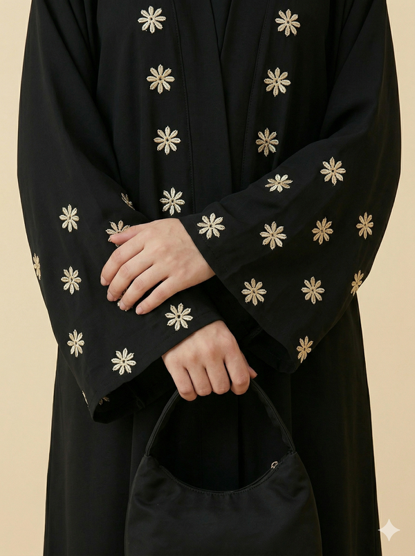 Black Daisy Embroidered Open Abaya Close View