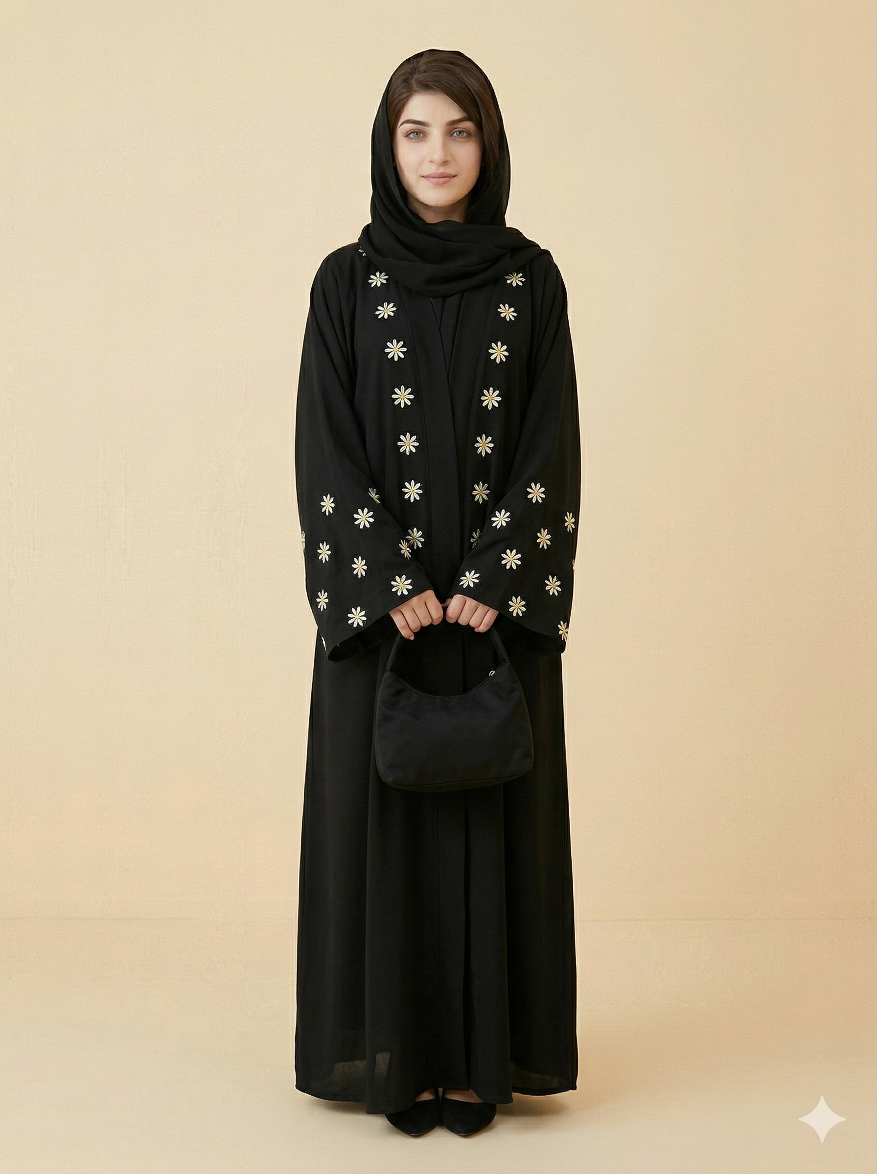 Black Daisy Embroidered Open Abaya Front View