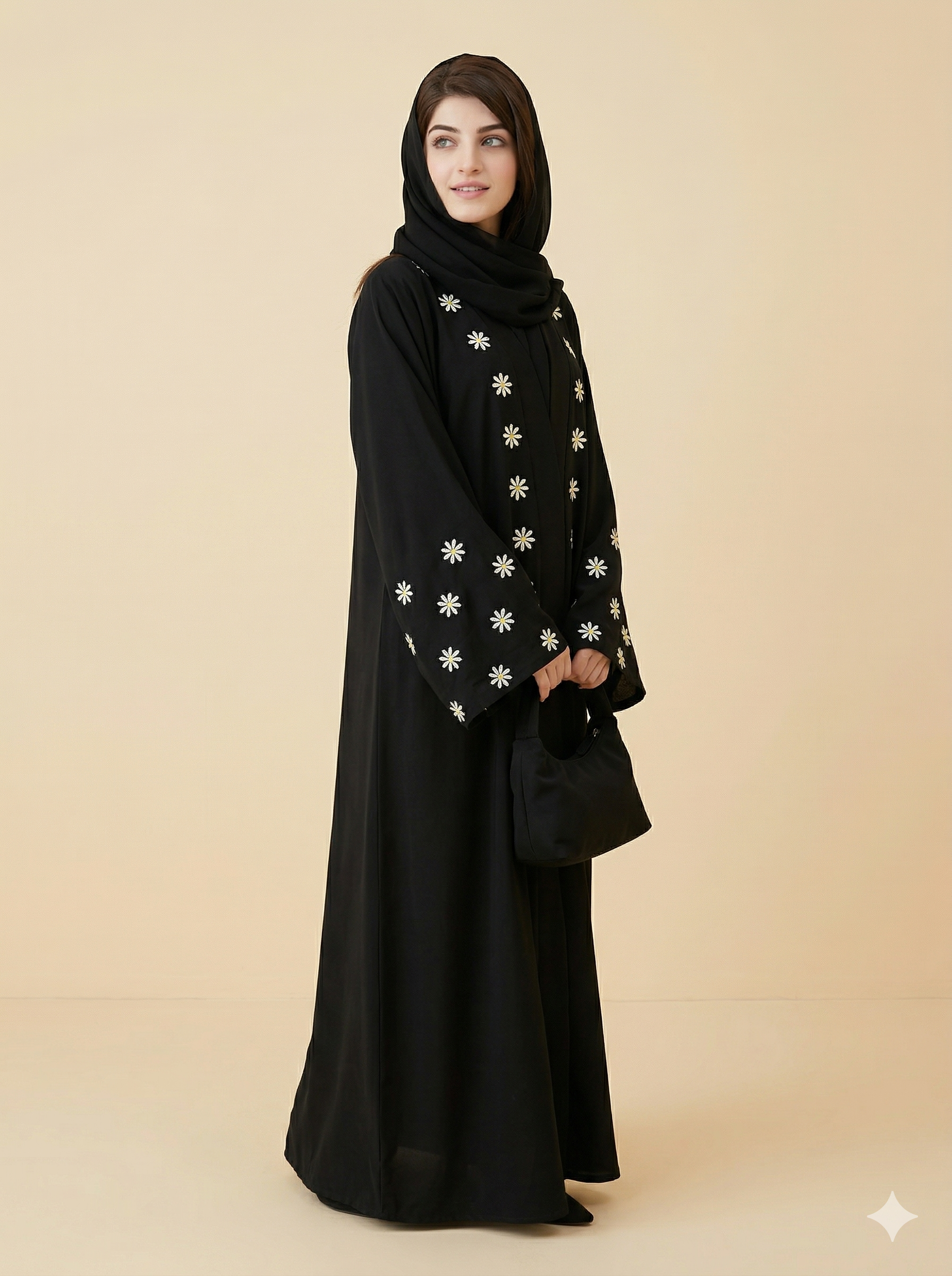 Black Daisy Embroidered Open Abaya Side View