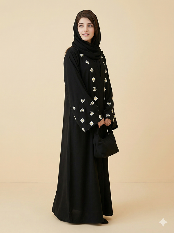 Black Daisy Embroidered Open Abaya Side View