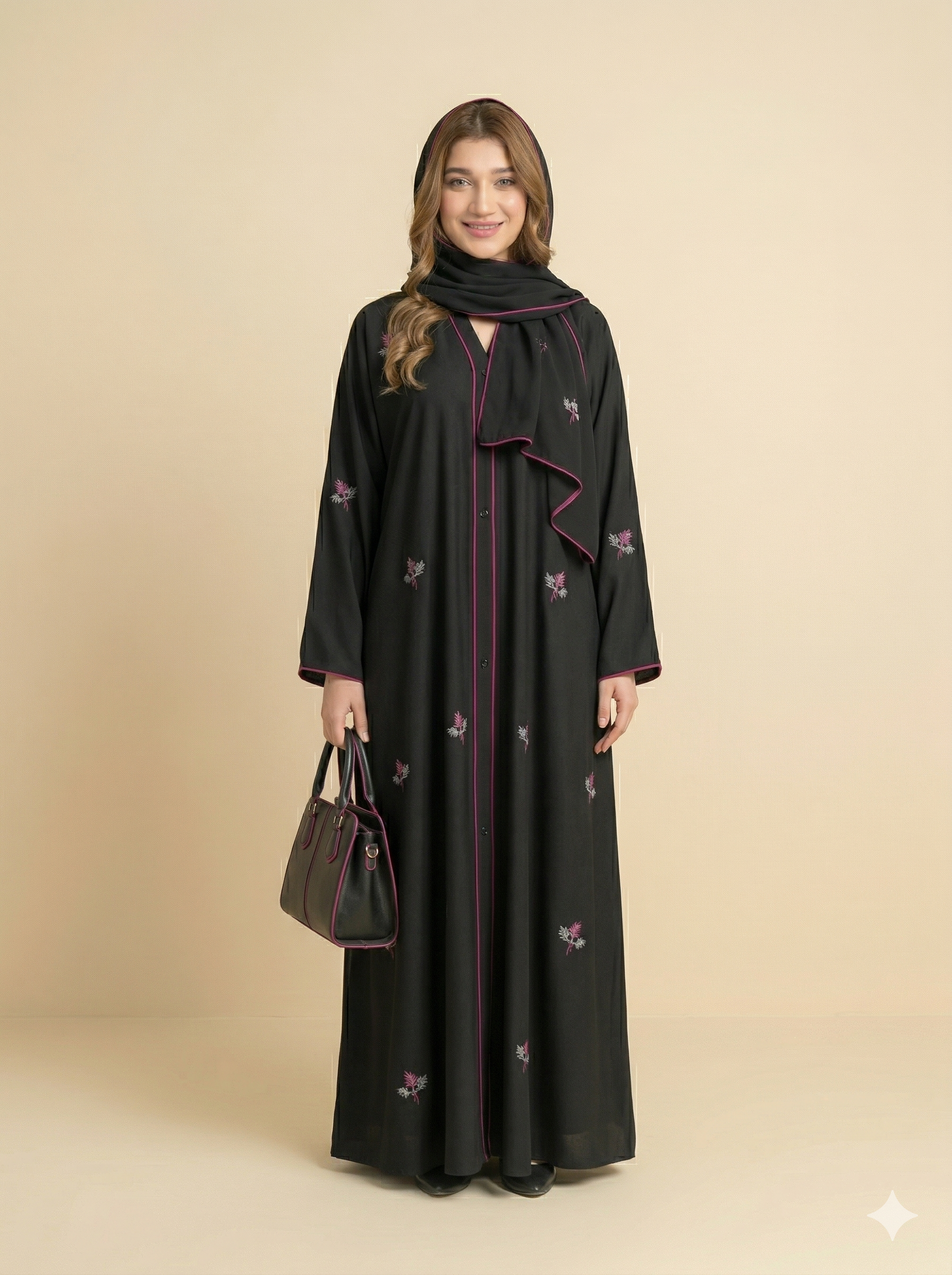 Black Floral Embroidered Button-Down Open Abaya Front View