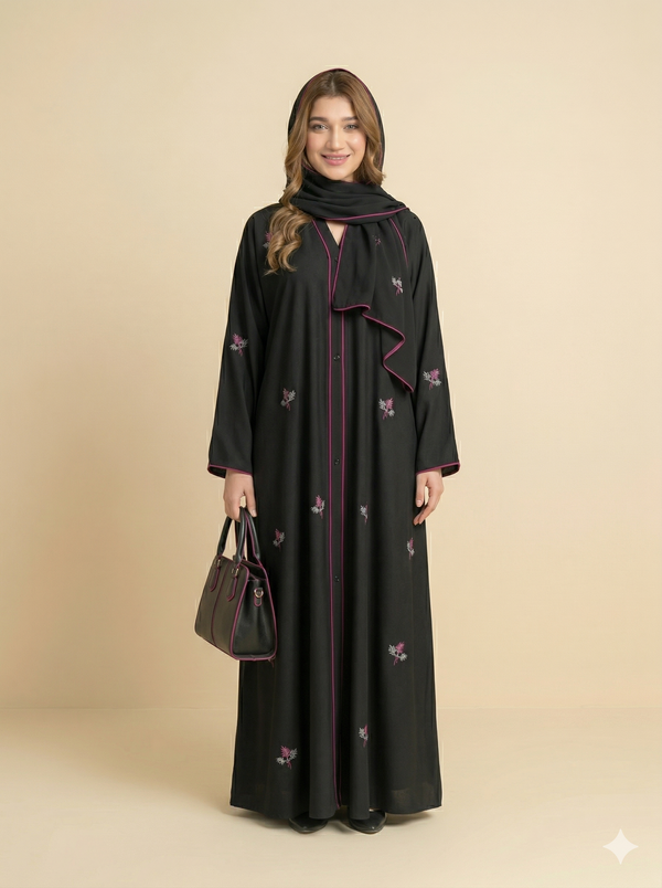 Black Floral Embroidered Button-Down Open Abaya Front View
