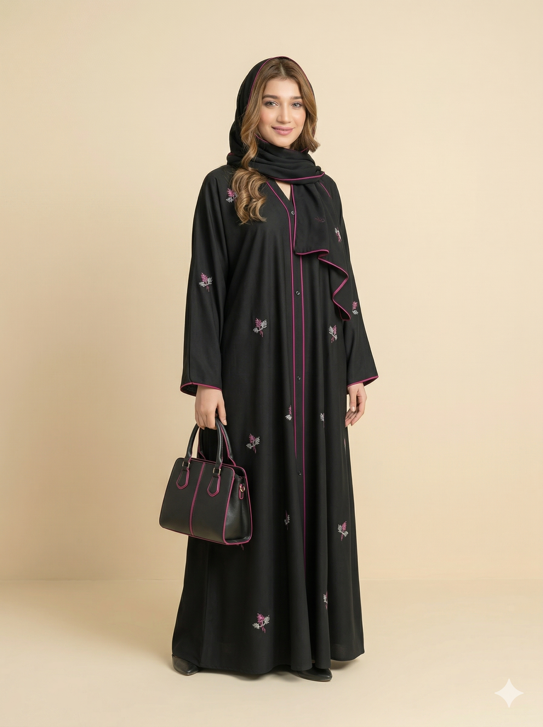 Black Floral Embroidered Button-Down Open Abaya Side View