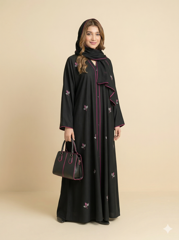 Black Floral Embroidered Button-Down Open Abaya Side View