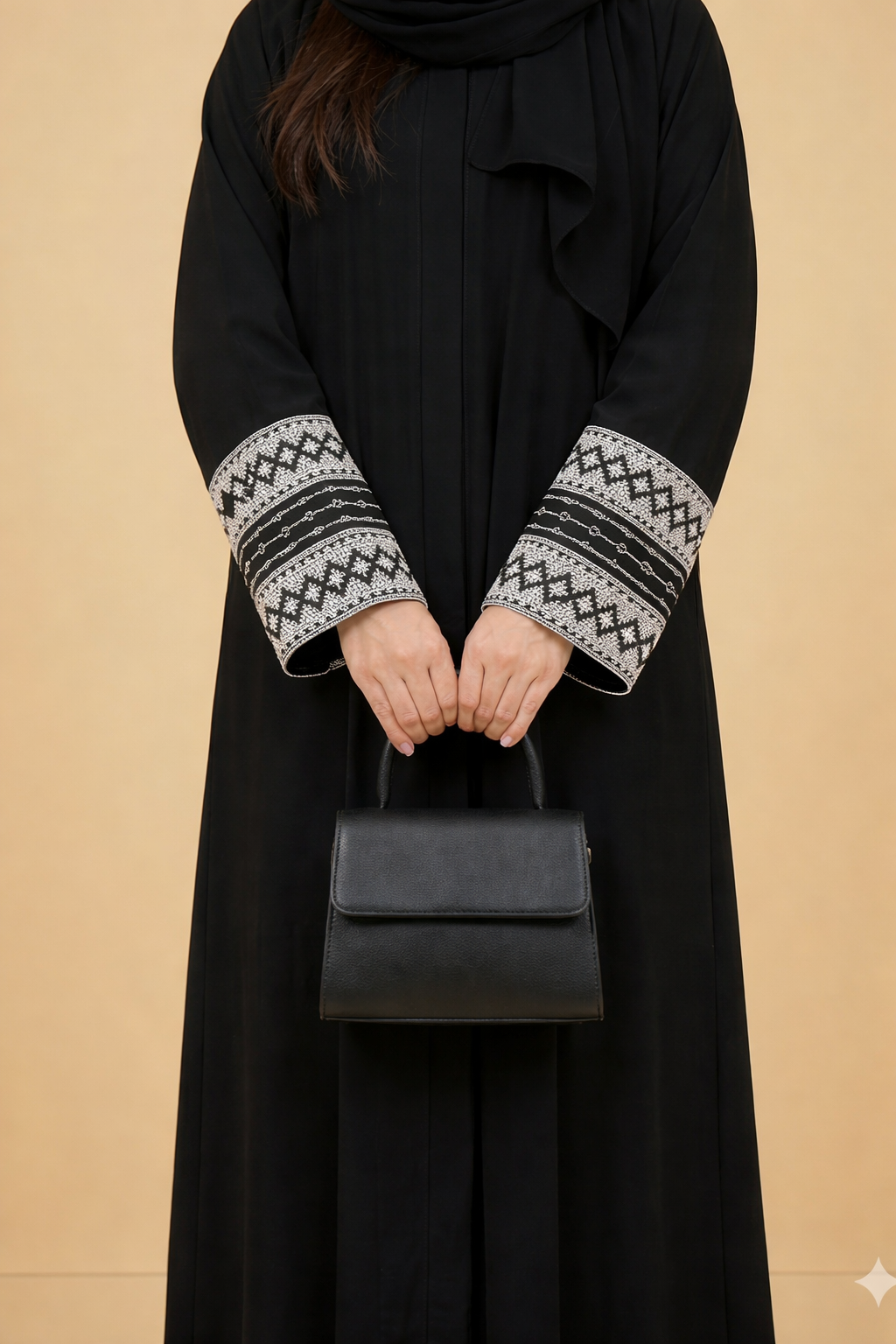 Black Geometric Cuff Embroidered Open Abaya Close View