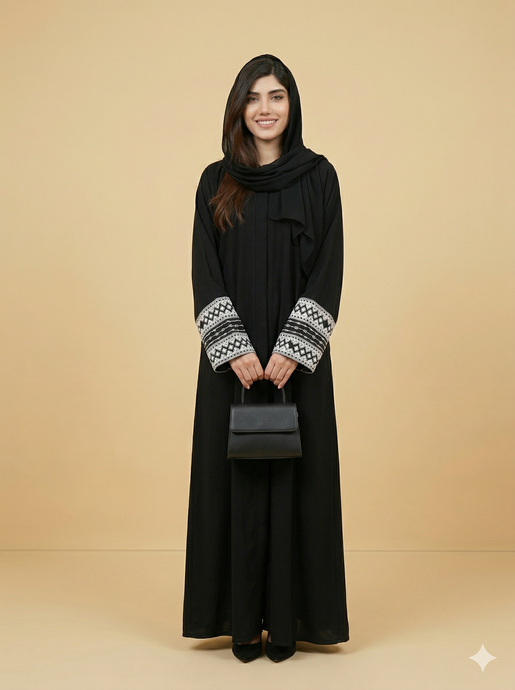 Black Geometric Cuff Embroidered Open Abaya Front View