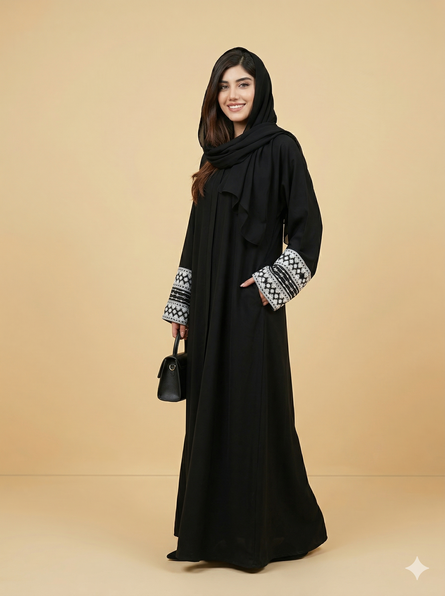 Black Geometric Cuff Embroidered Open Abaya Side View