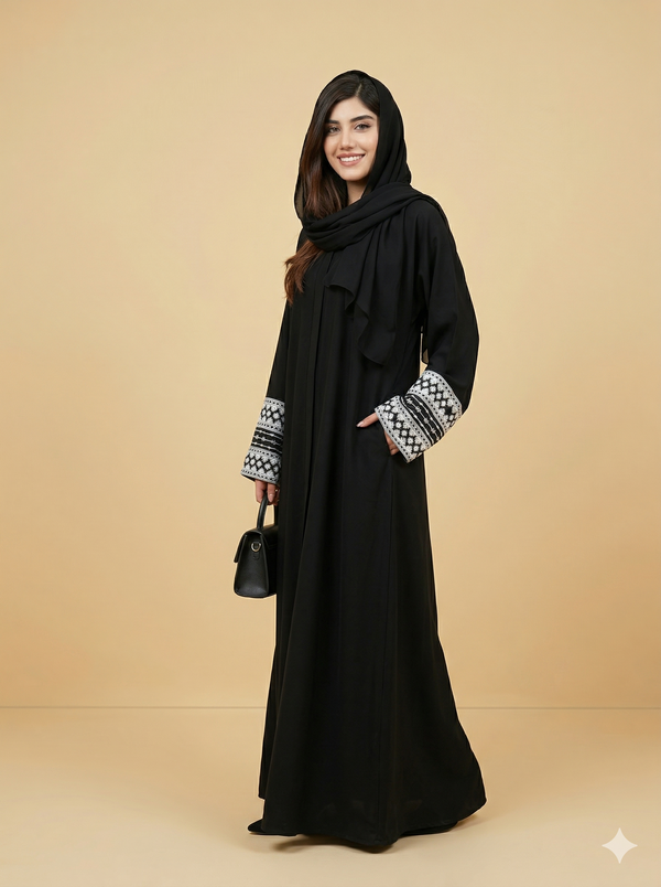 Black Geometric Cuff Embroidered Open Abaya Side View