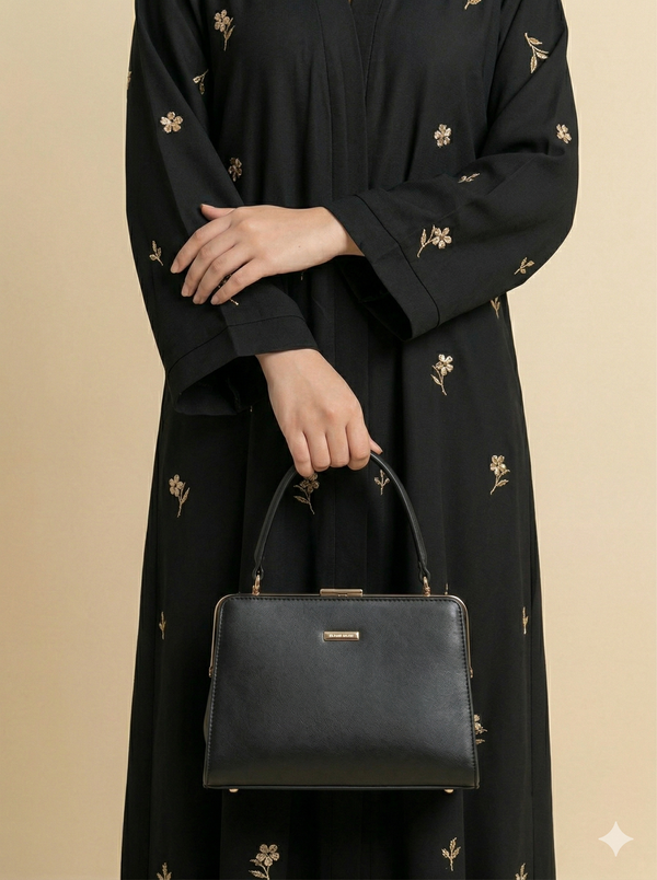 Black Gold Floral Embroidered Open Abaya Close View