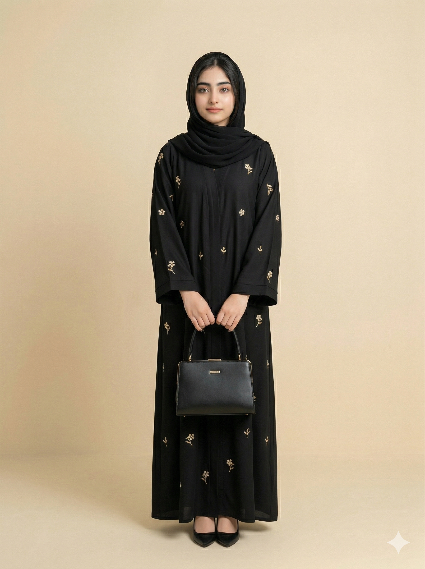 Black Gold Floral Embroidered Open Abaya Front View