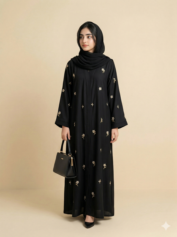Black Gold Floral Embroidered Open Abaya Side View
