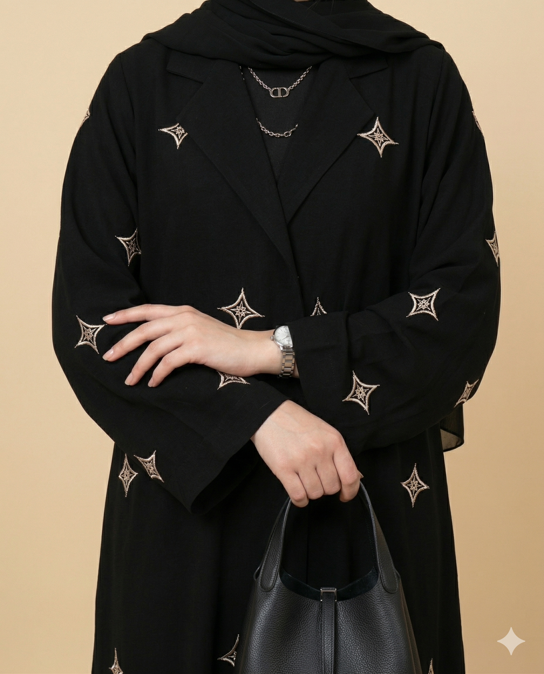 Black Gold Star Embroidered Open Abaya Close View