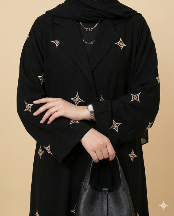 Black Gold Star Embroidered Open Abaya Close View