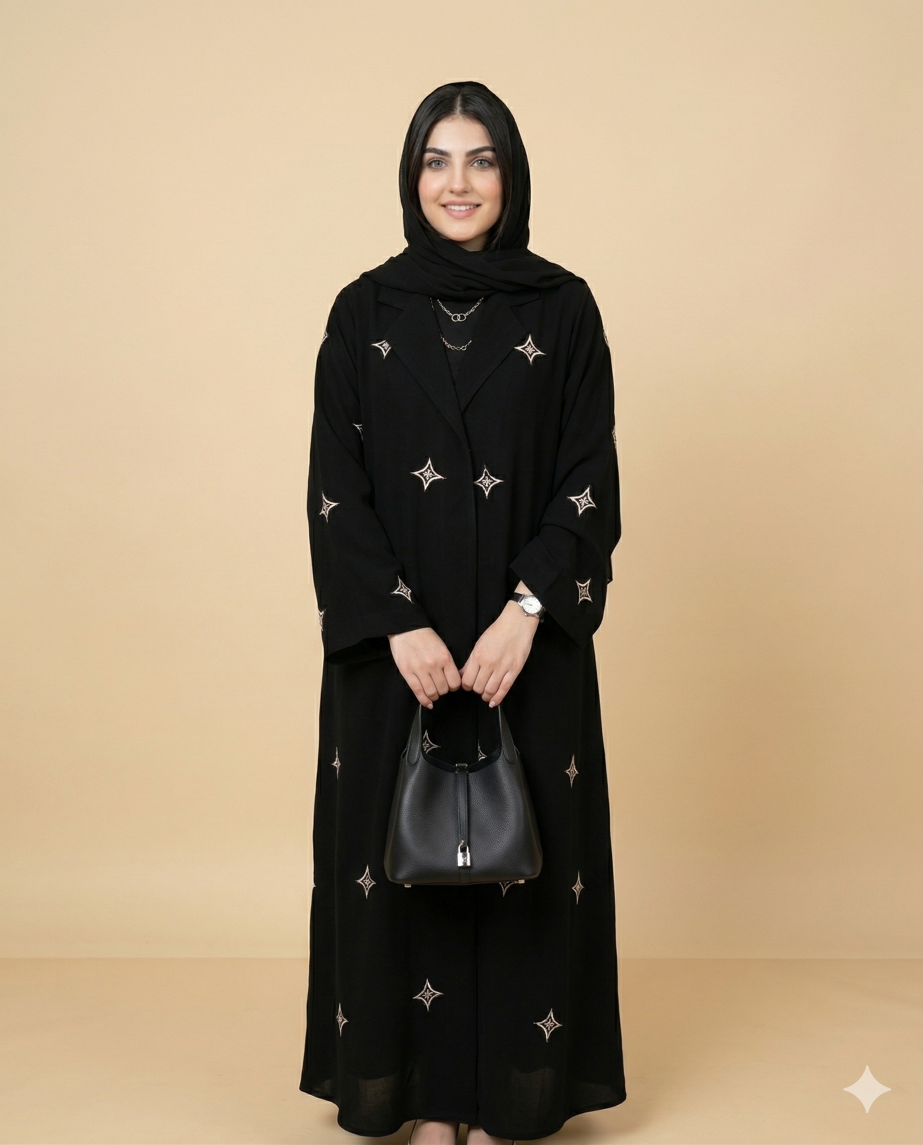 Black Gold Star Embroidered Open Abaya Front View