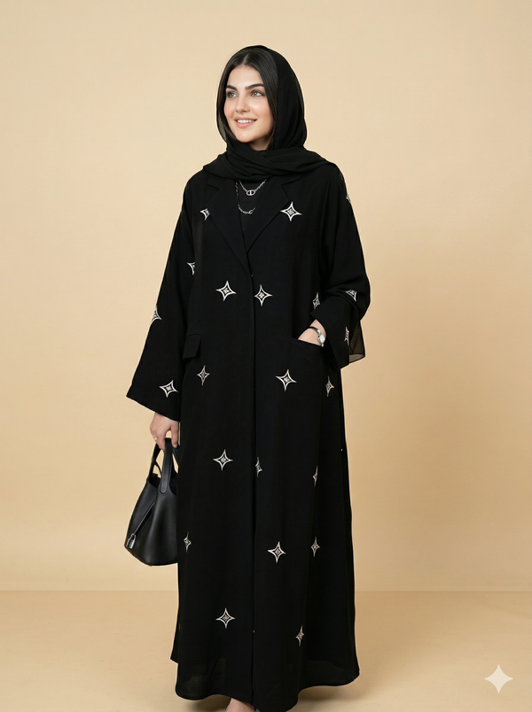 Black Gold Star Embroidered Open Abaya Side View
