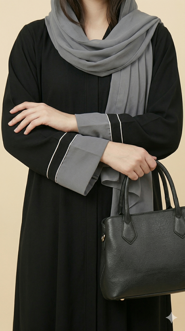 Black Grey Contrast Cuff Open Abaya Close View