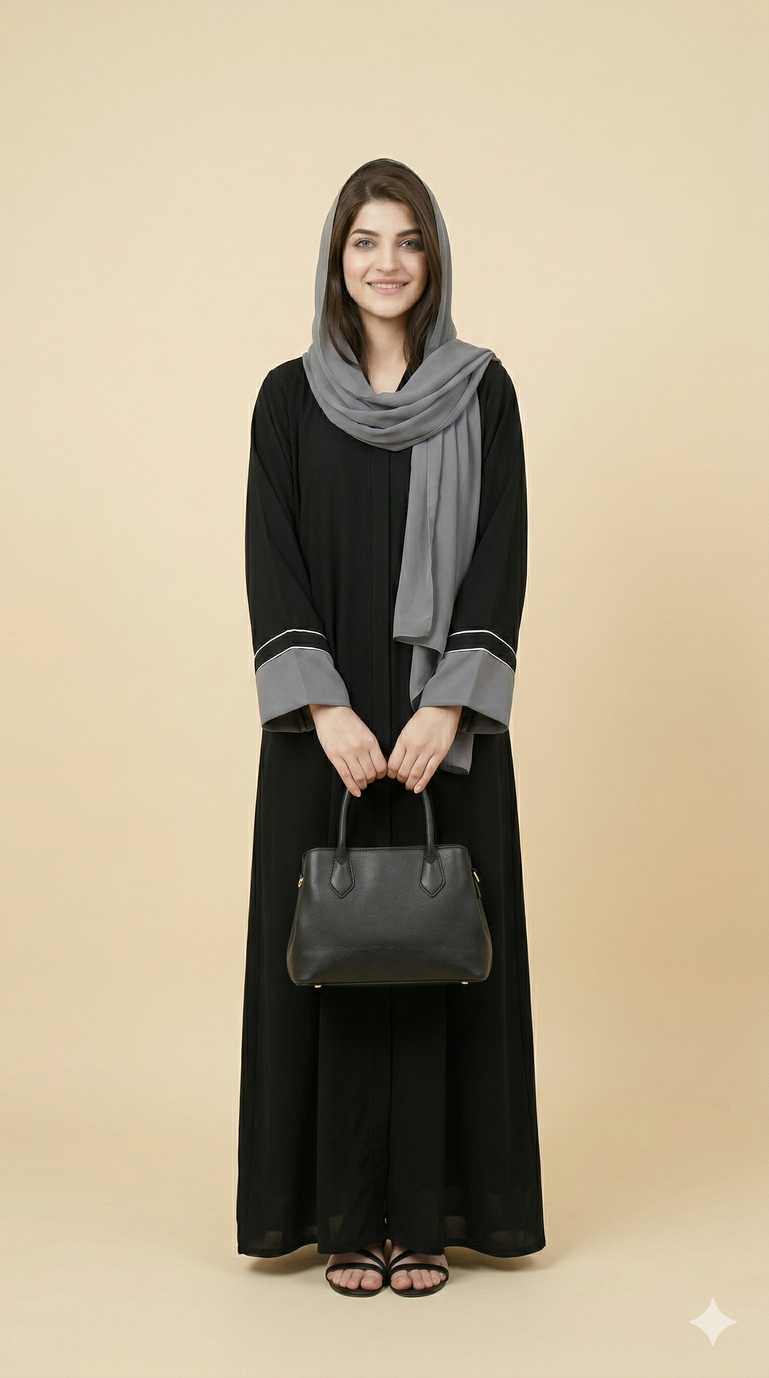 Black Grey Contrast Cuff Open Abaya Front View