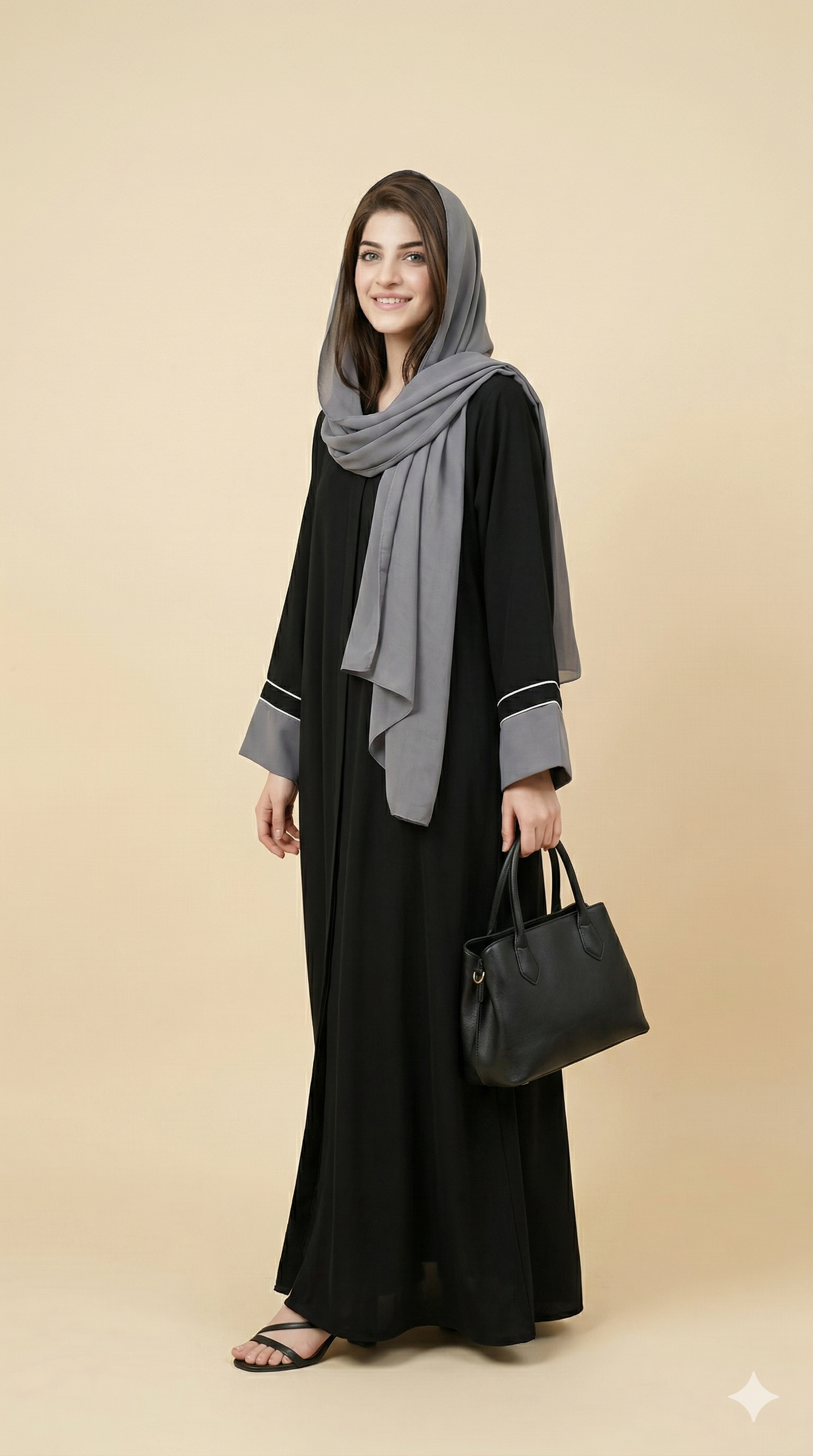 Black Grey Contrast Cuff Open Abaya Side View