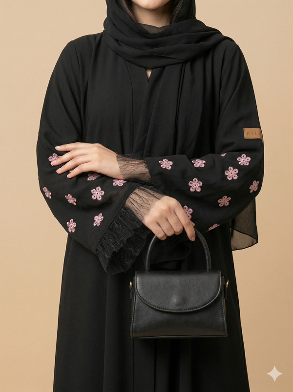 Black Pink Floral Sheer Frill Sleeve Open Abaya  Close View