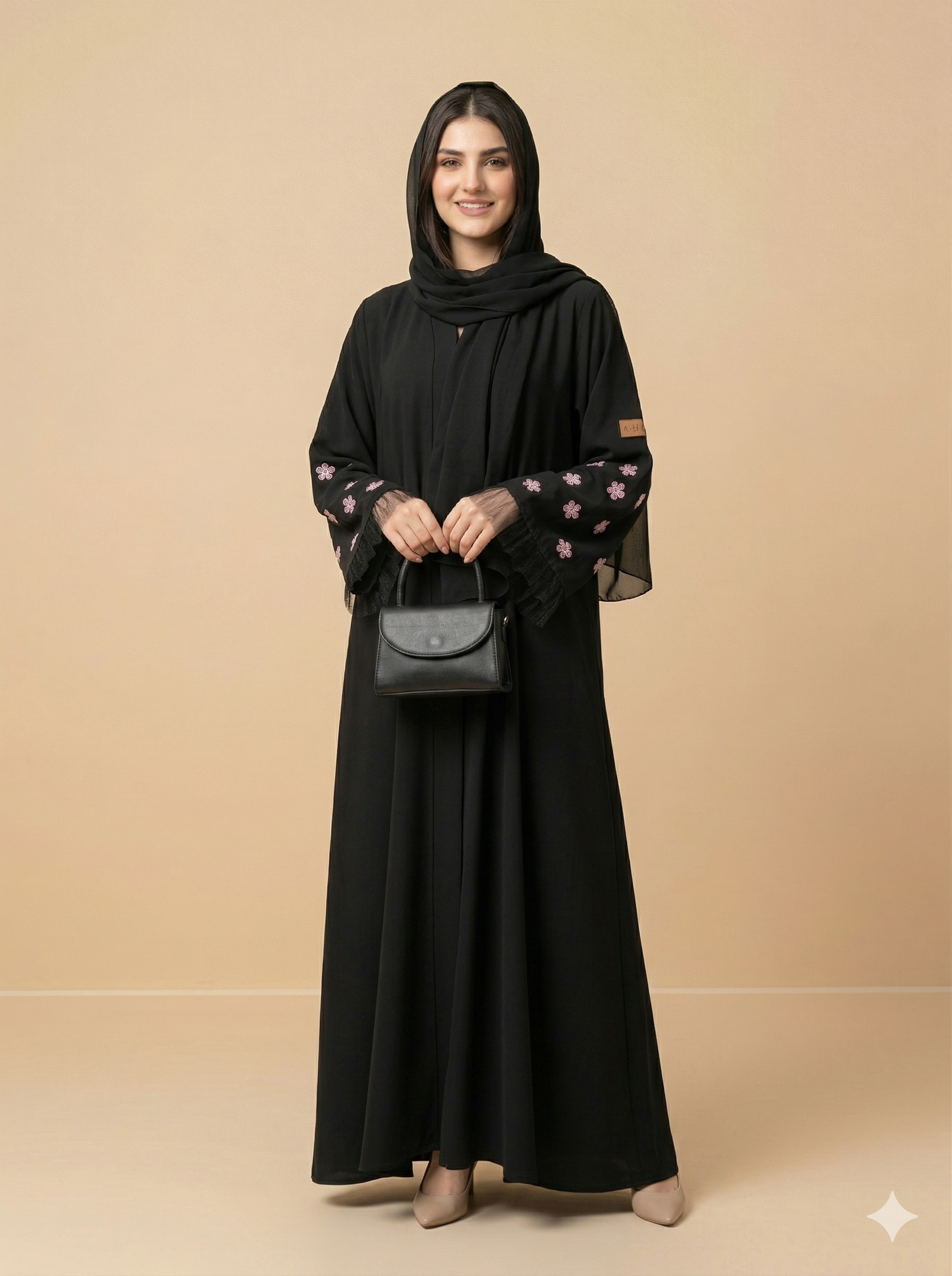 Black Pink Floral Sheer Frill Sleeve Open Abaya  Front View