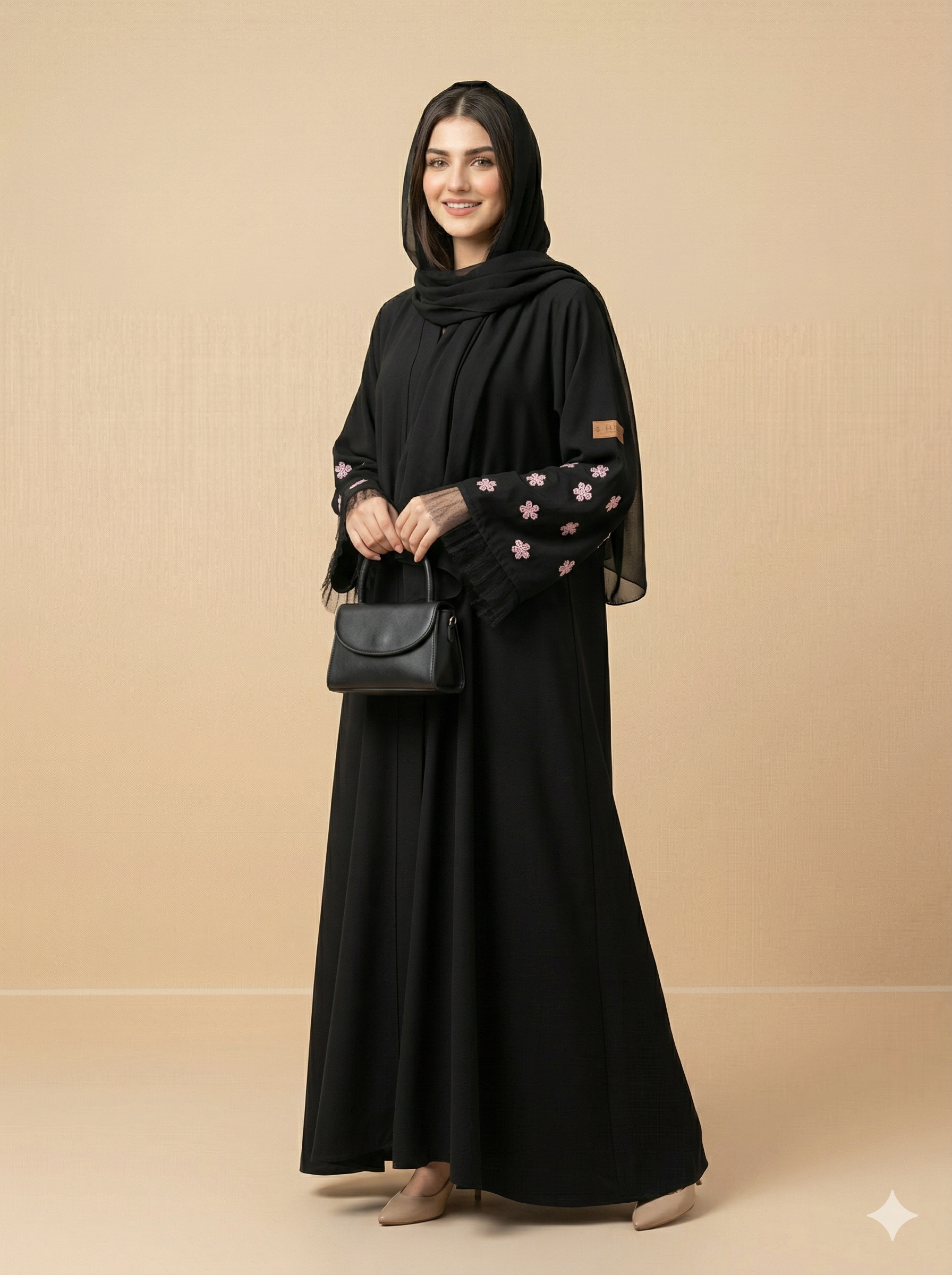 Black Pink Floral Sheer Frill Sleeve Open Abaya  Side View