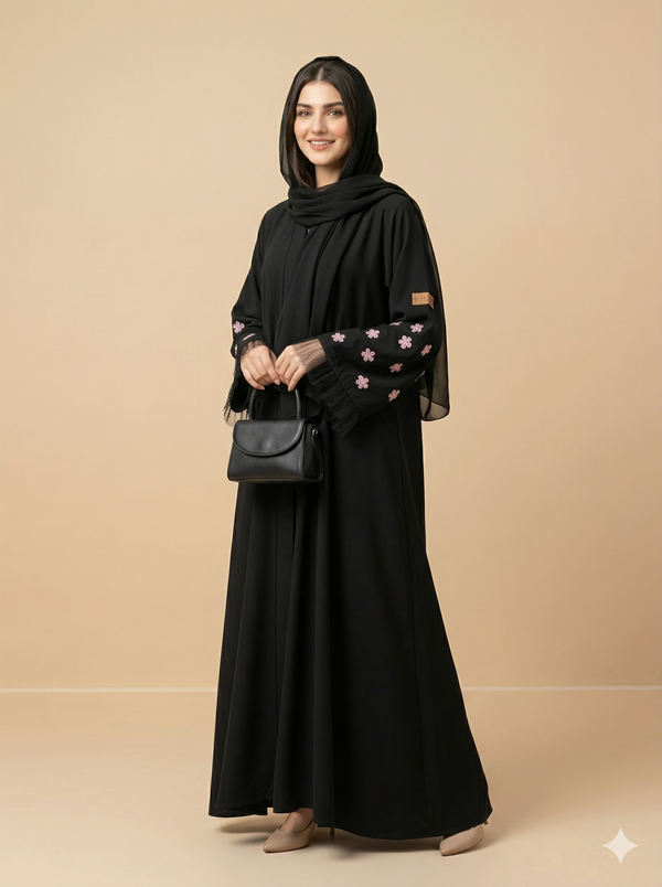 Black Pink Floral Sheer Frill Sleeve Open Abaya  Side View