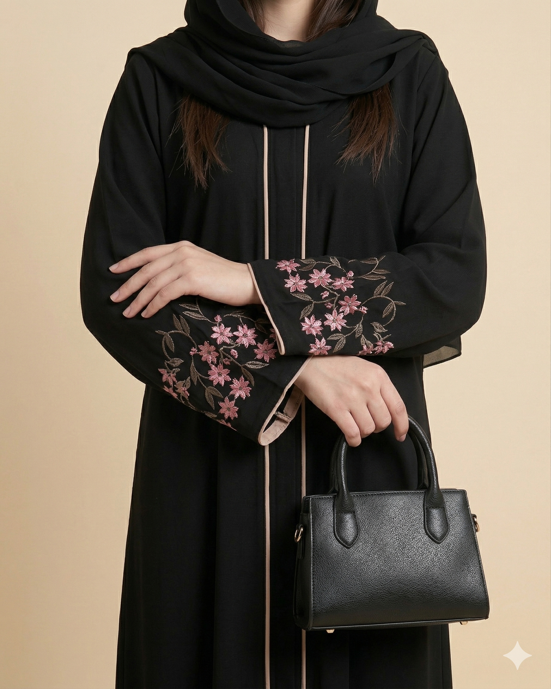 Black Pink Floral Sleeve Open Abaya Close View