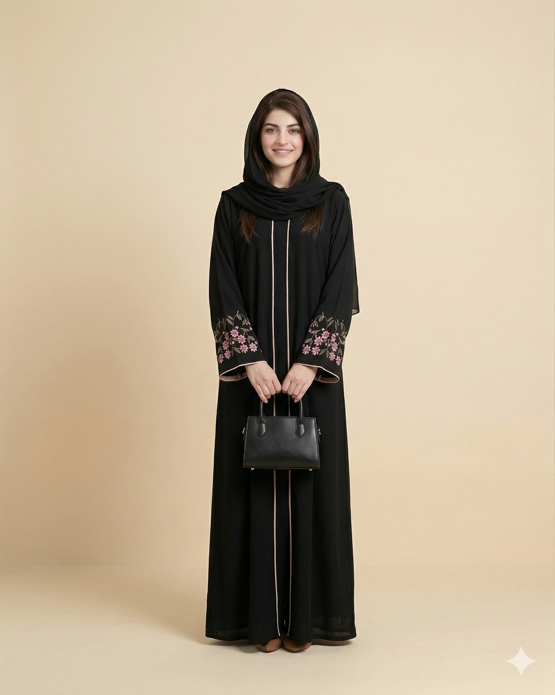 Black Pink Floral Sleeve Open Abaya Front View
