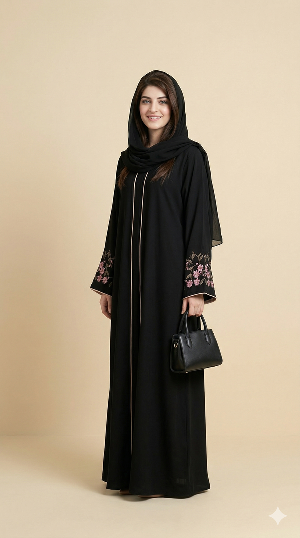 Black Pink Floral Sleeve Open Abaya Side View