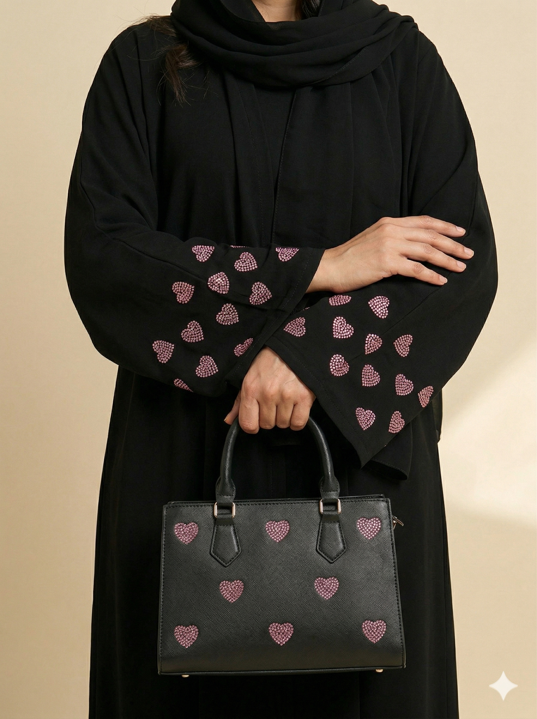 Black Pink Heart Embroidered Open Abaya Close View