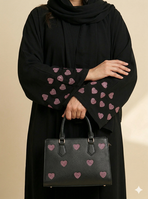 Black Pink Heart Embroidered Open Abaya Close View