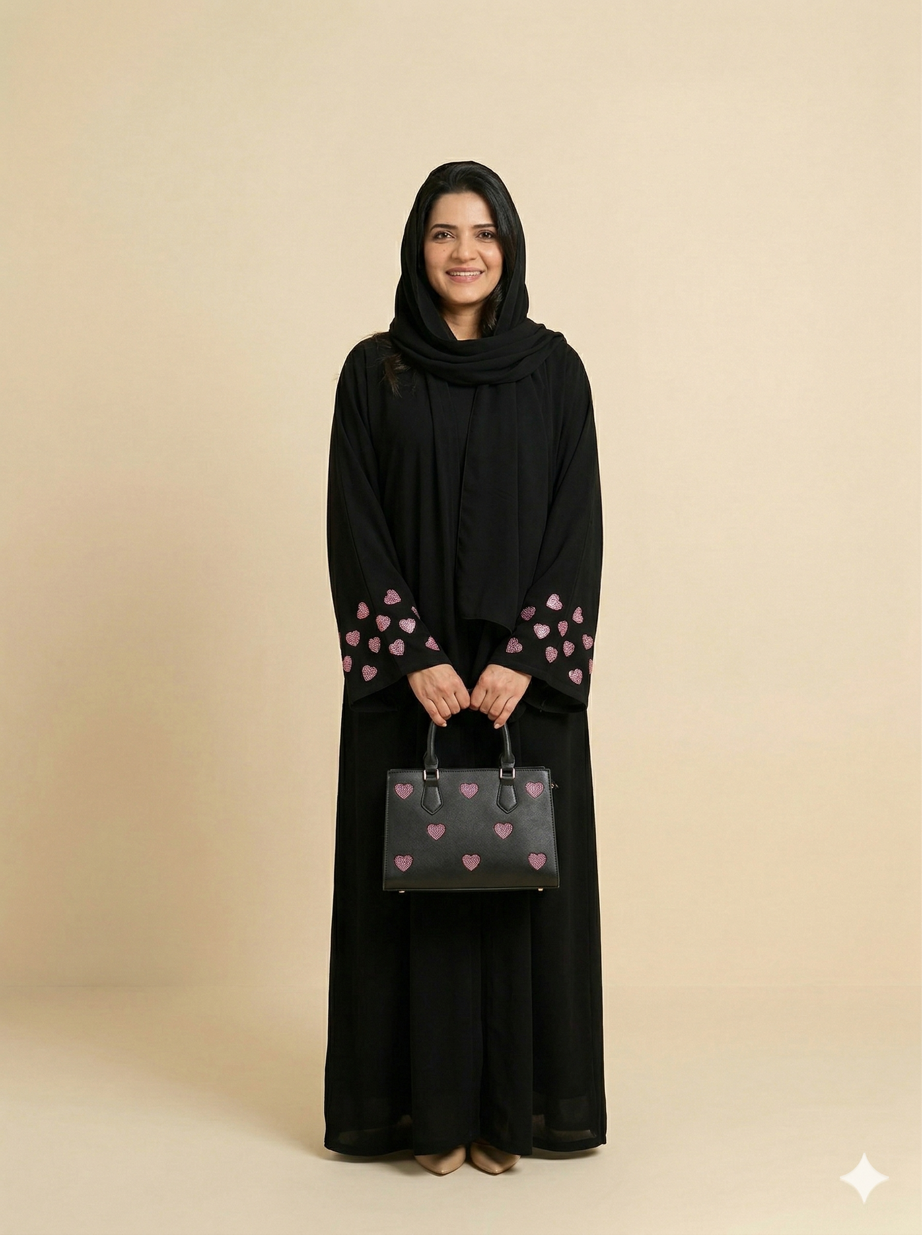 Black Pink Heart Embroidered Open Abaya Front View