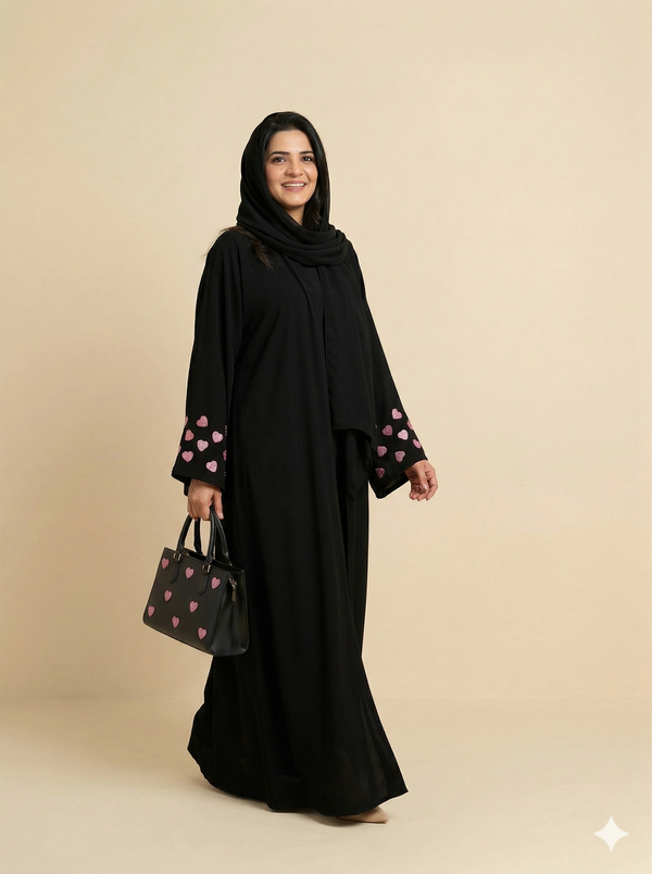 Black Pink Heart Embroidered Open Abaya Side View