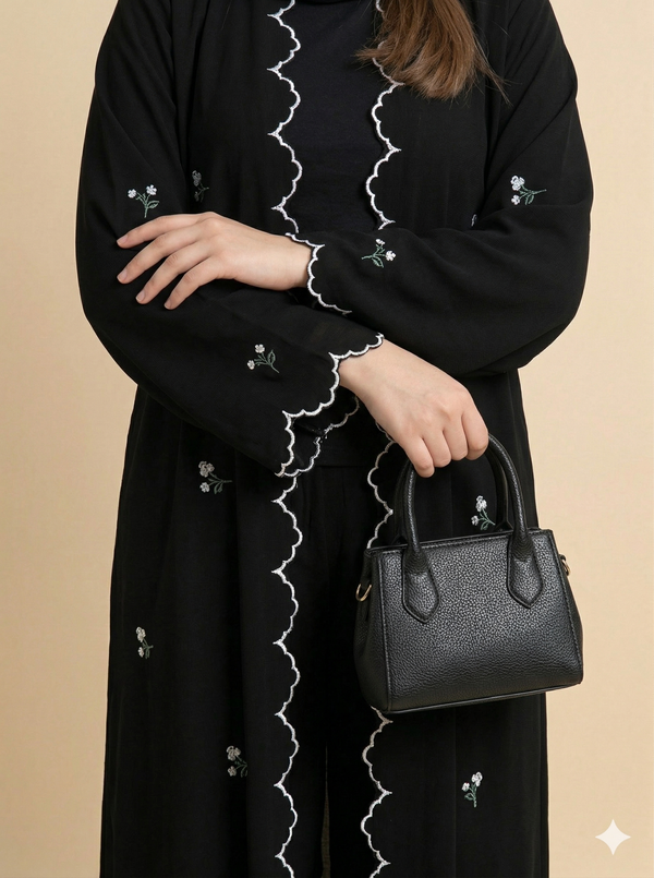 Black Scallop Trim Floral Embroidered Open Abaya Close View