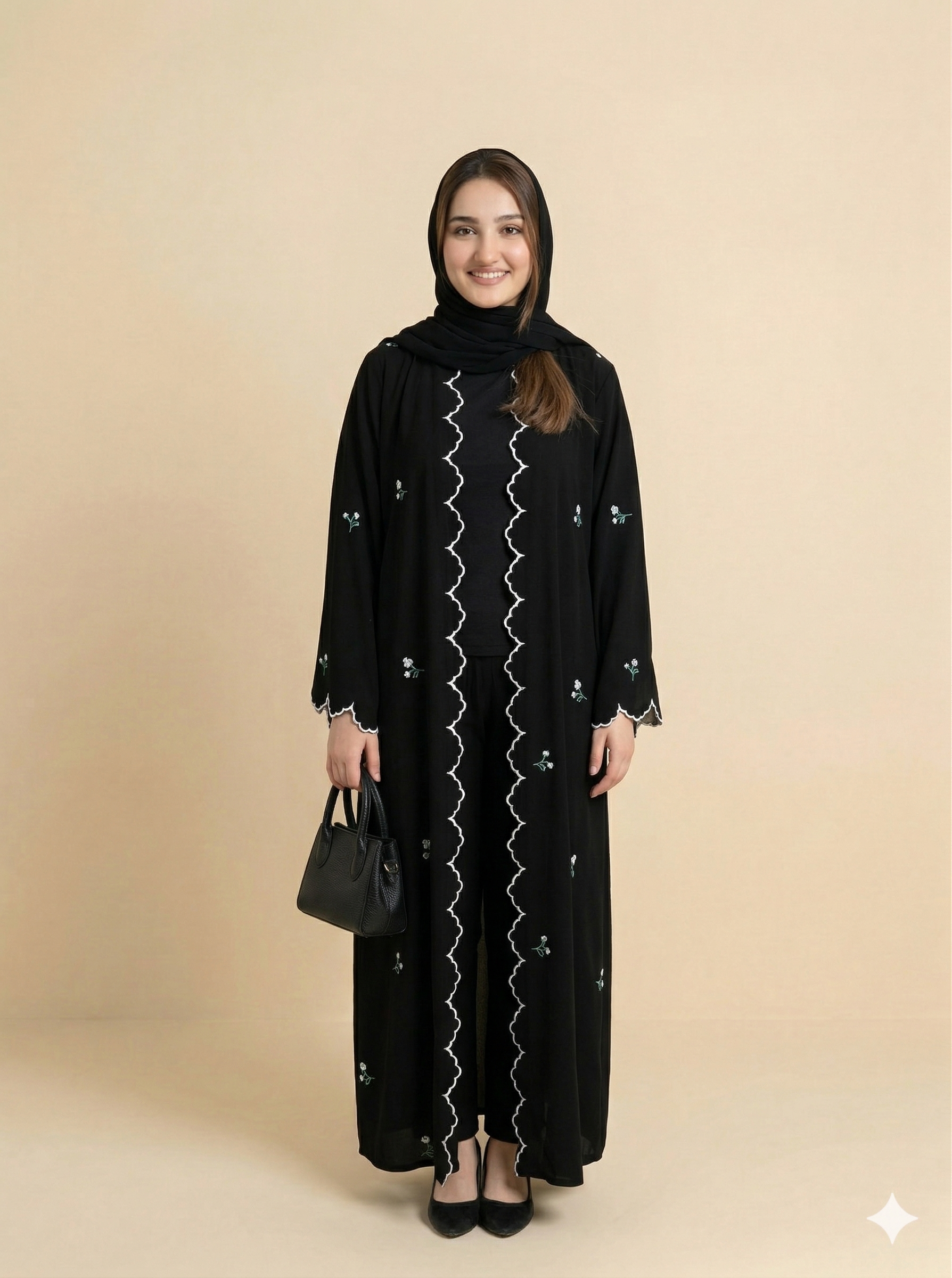 Black Scallop Trim Floral Embroidered Open Abaya Front View
