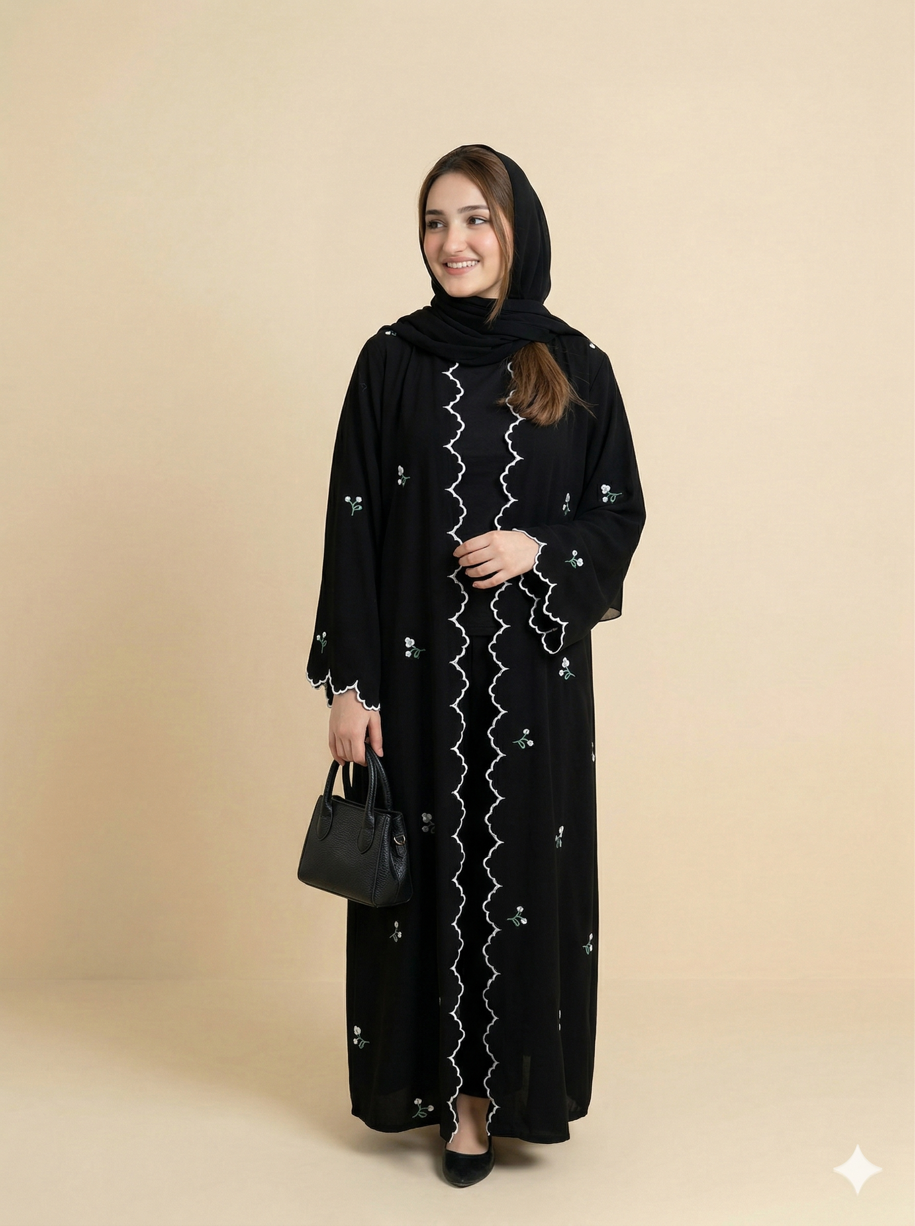 Black Scallop Trim Floral Embroidered Open Abaya Side View