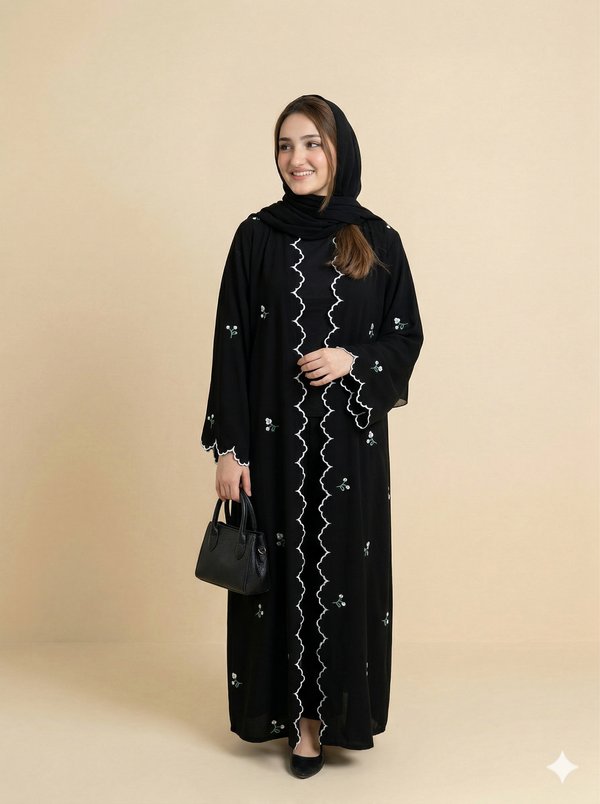Black Scallop Trim Floral Embroidered Open Abaya Side View