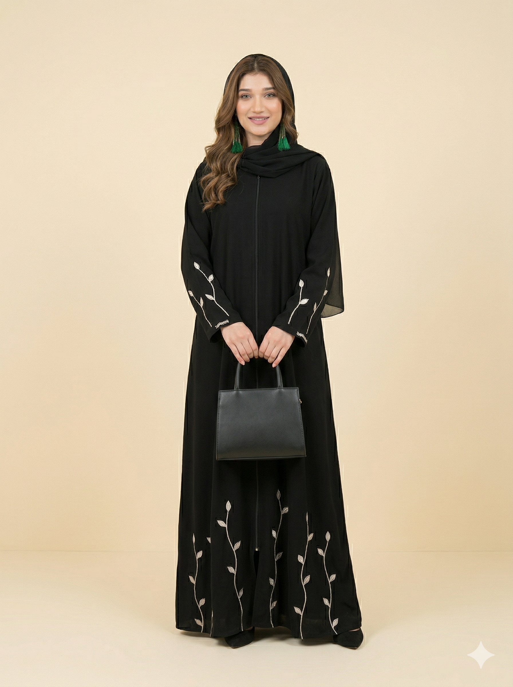 Black Silver Leaf Embroidered Open Abaya Front View