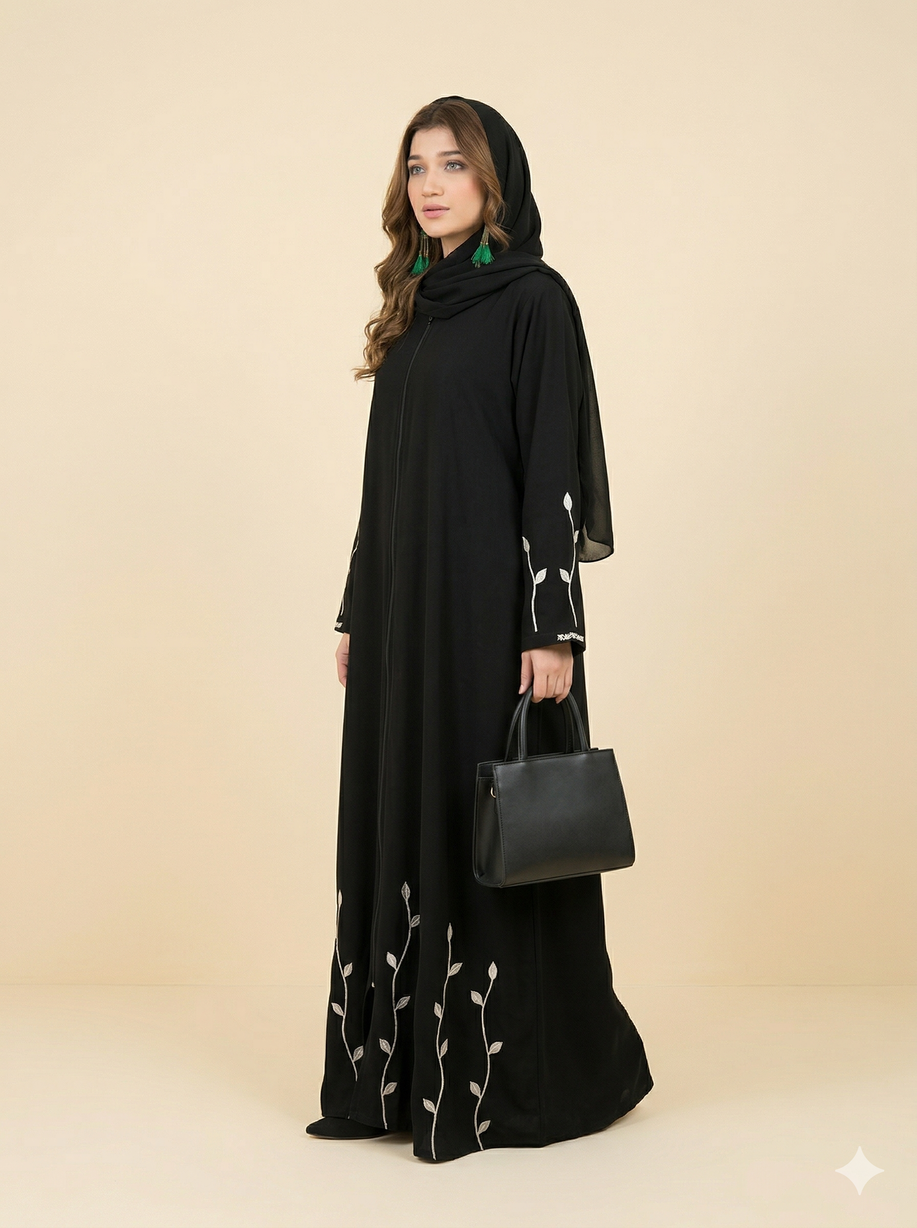 Black Silver Leaf Embroidered Open Abaya Side View
