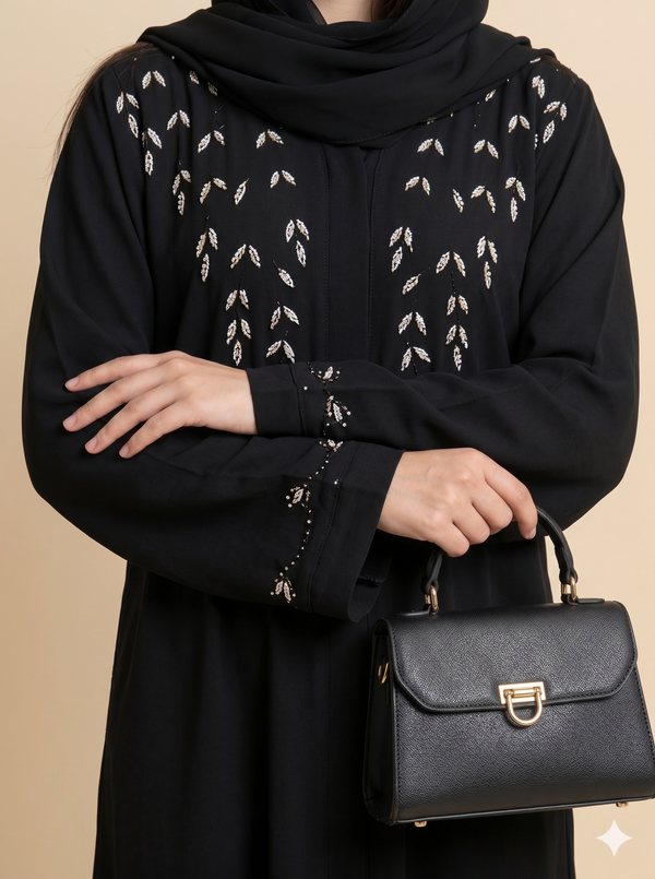 Black Silver Leaf Yoke Embellished Open Abaya Close View