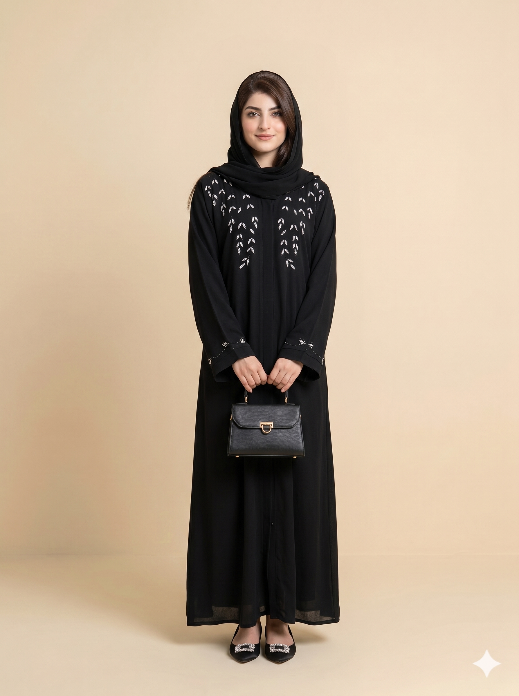 Black Silver Leaf Yoke Embellished Open Abaya Front View