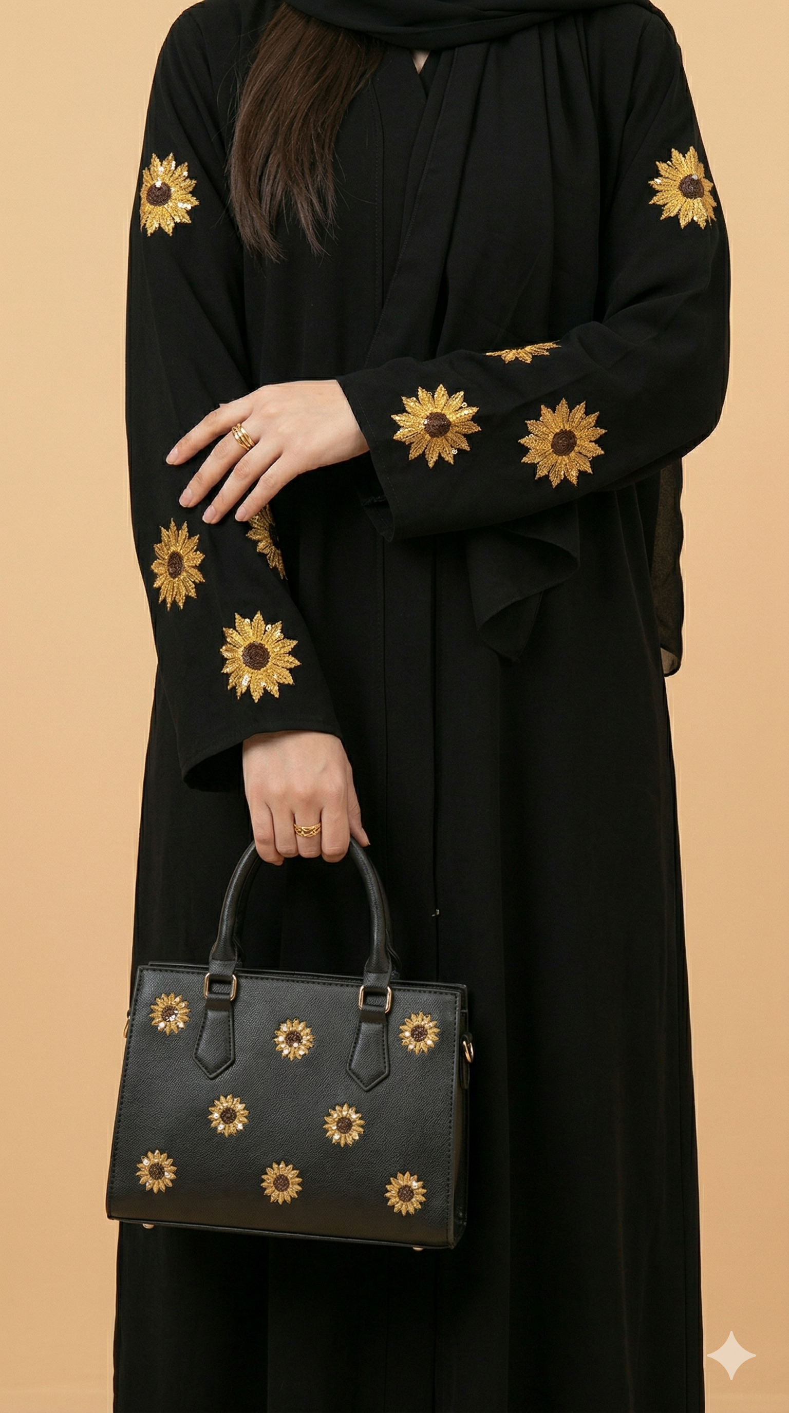 Black Sunflower Embroidered Open Abaya Close View