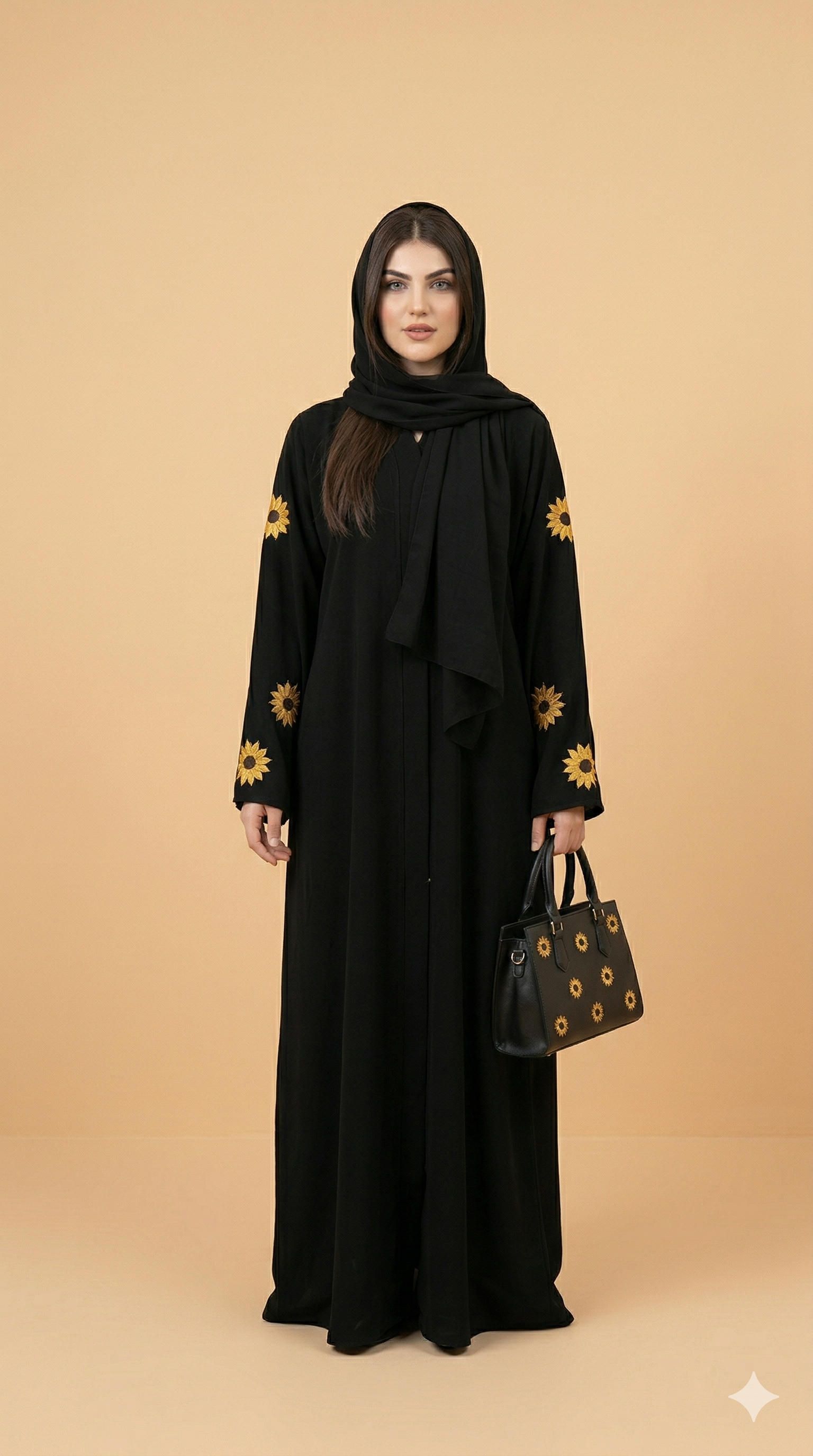 Black Sunflower Embroidered Open Abaya Front View