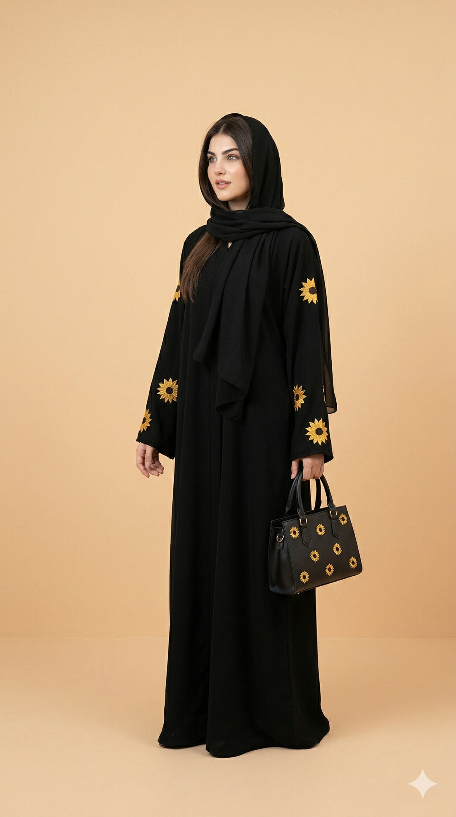 Black Sunflower Embroidered Open Abaya Side View