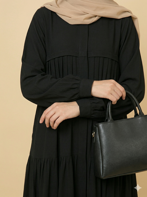 Black Tiered Frill Closed Abaya Close View